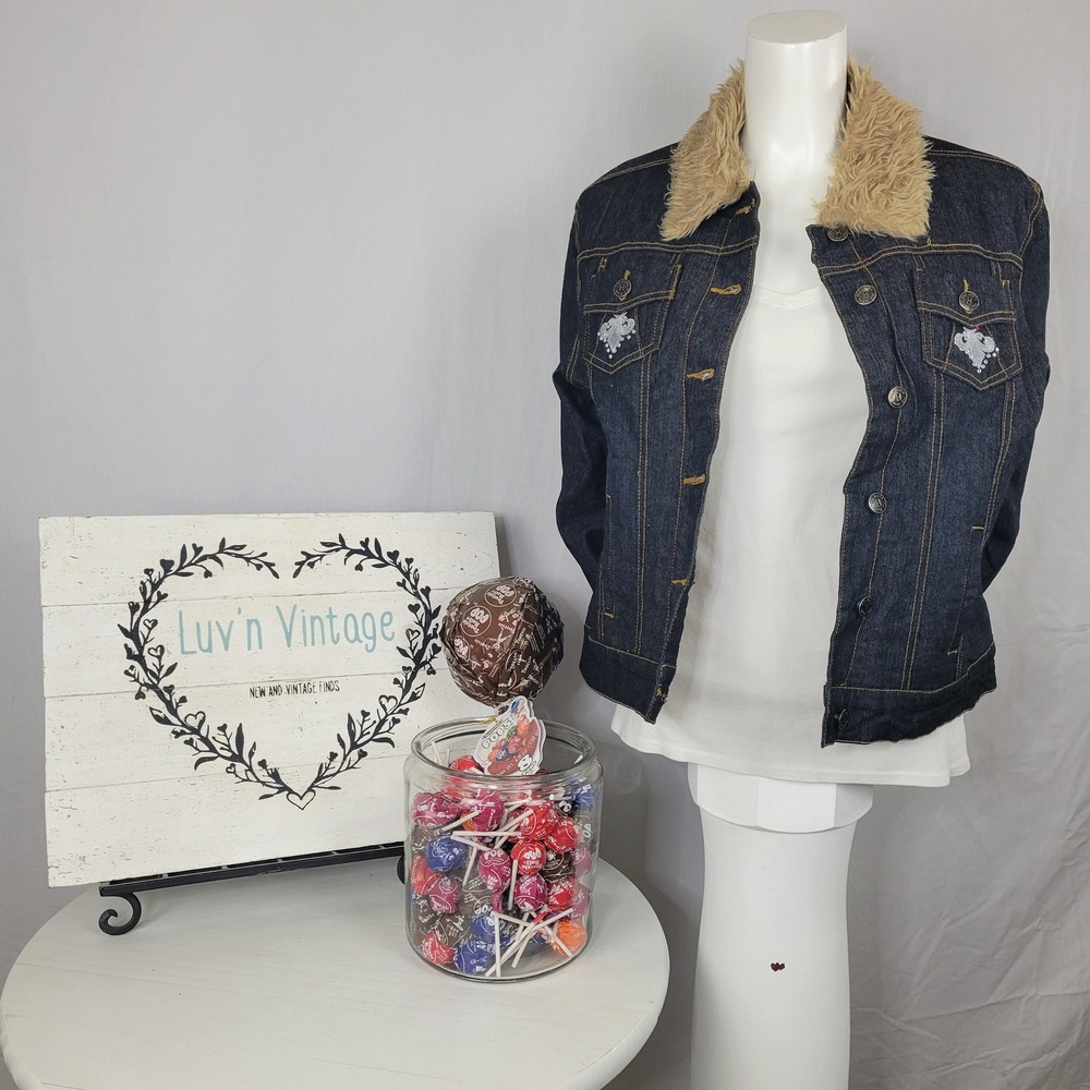 Hip Jeans Women Dark Wash Denim Jacket Faux Fur Collar Embroidered Blue Size 5